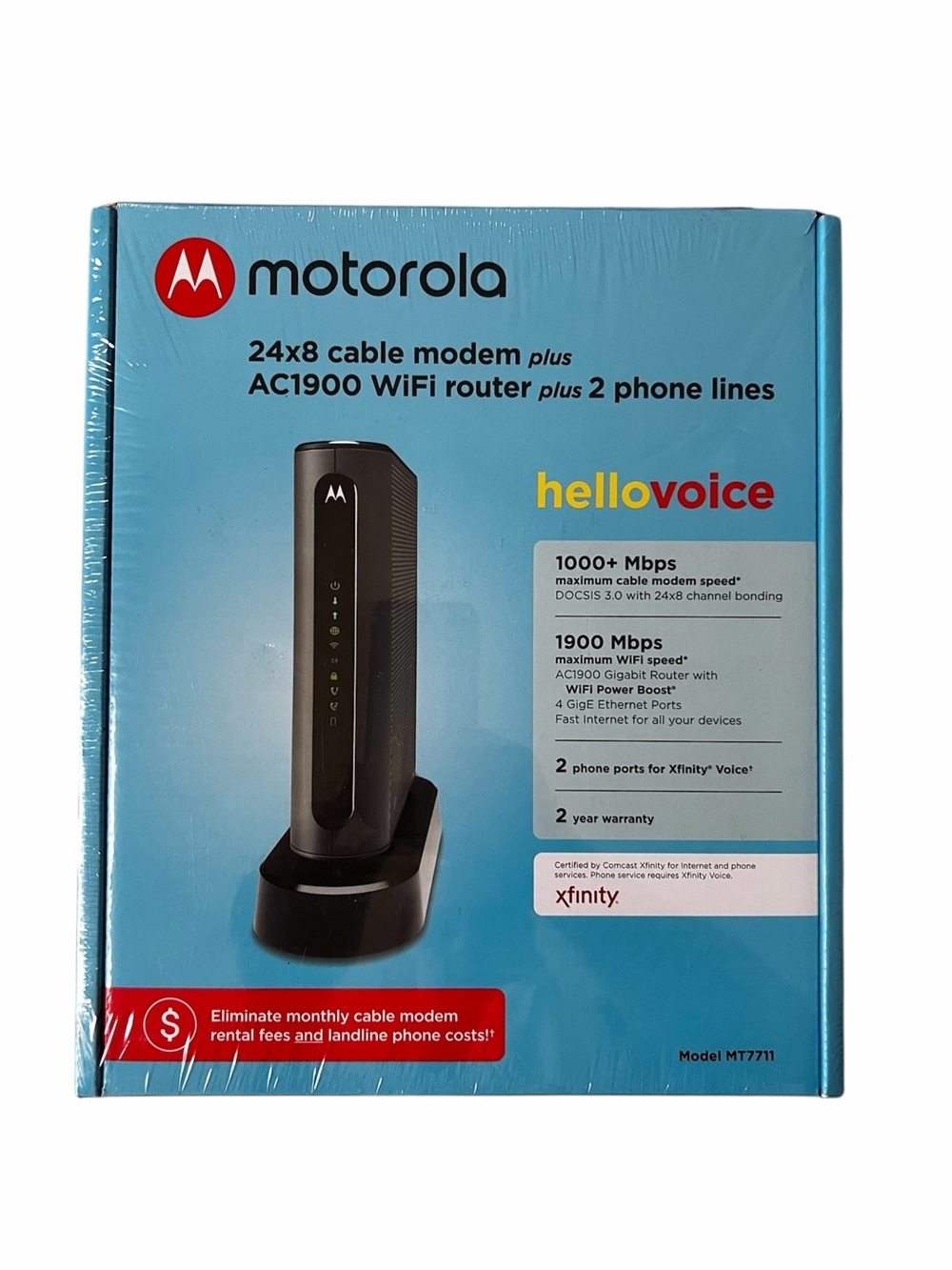 Motorola AC1900 WiFi Cable Modem Router with HelloVoice - Black